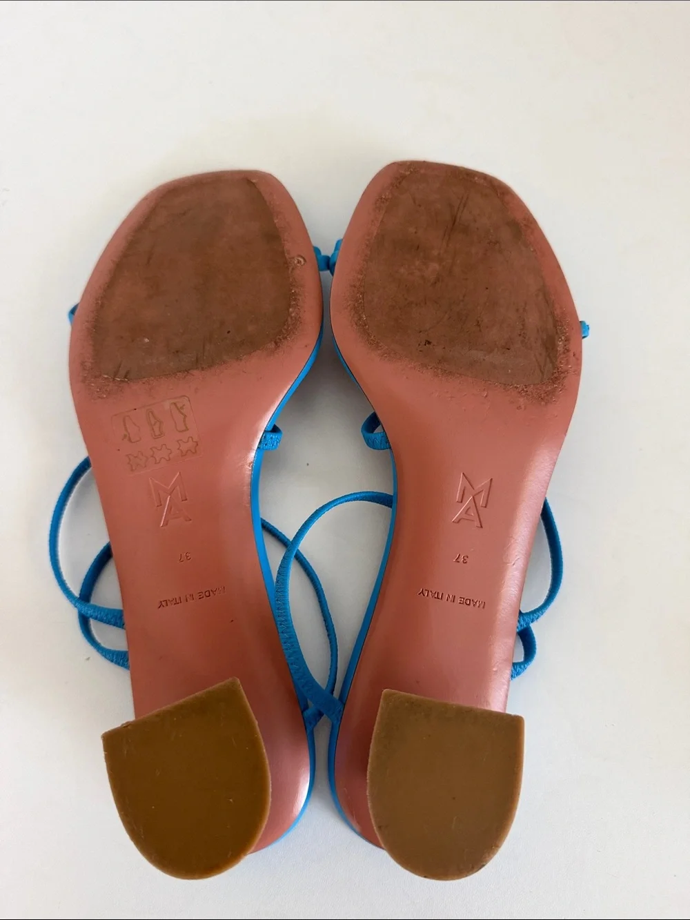 Authentic AMINA MUADDI Naima Strappy Wedge Sandals Blue Leather. Size 37